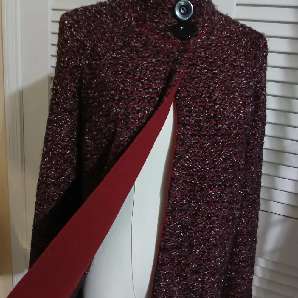 Karen Scott Med Maroon/Brown/White 2-Button Long-Sleeved Cardigan Sweater